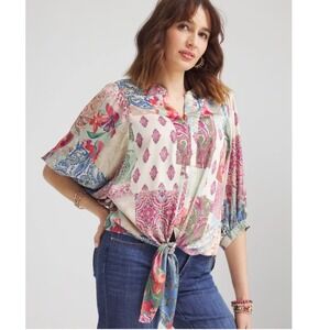 Chico's Satin Patchwork Print Tie Front Tie Women's V Neck No Iron NWT